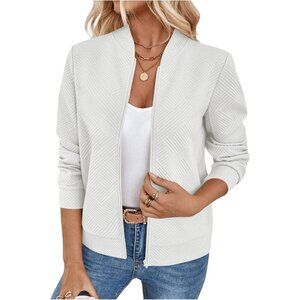 Women's White Zip Up Long Sleeve Bomber Jacket Coat Lightweight Casual Clothes